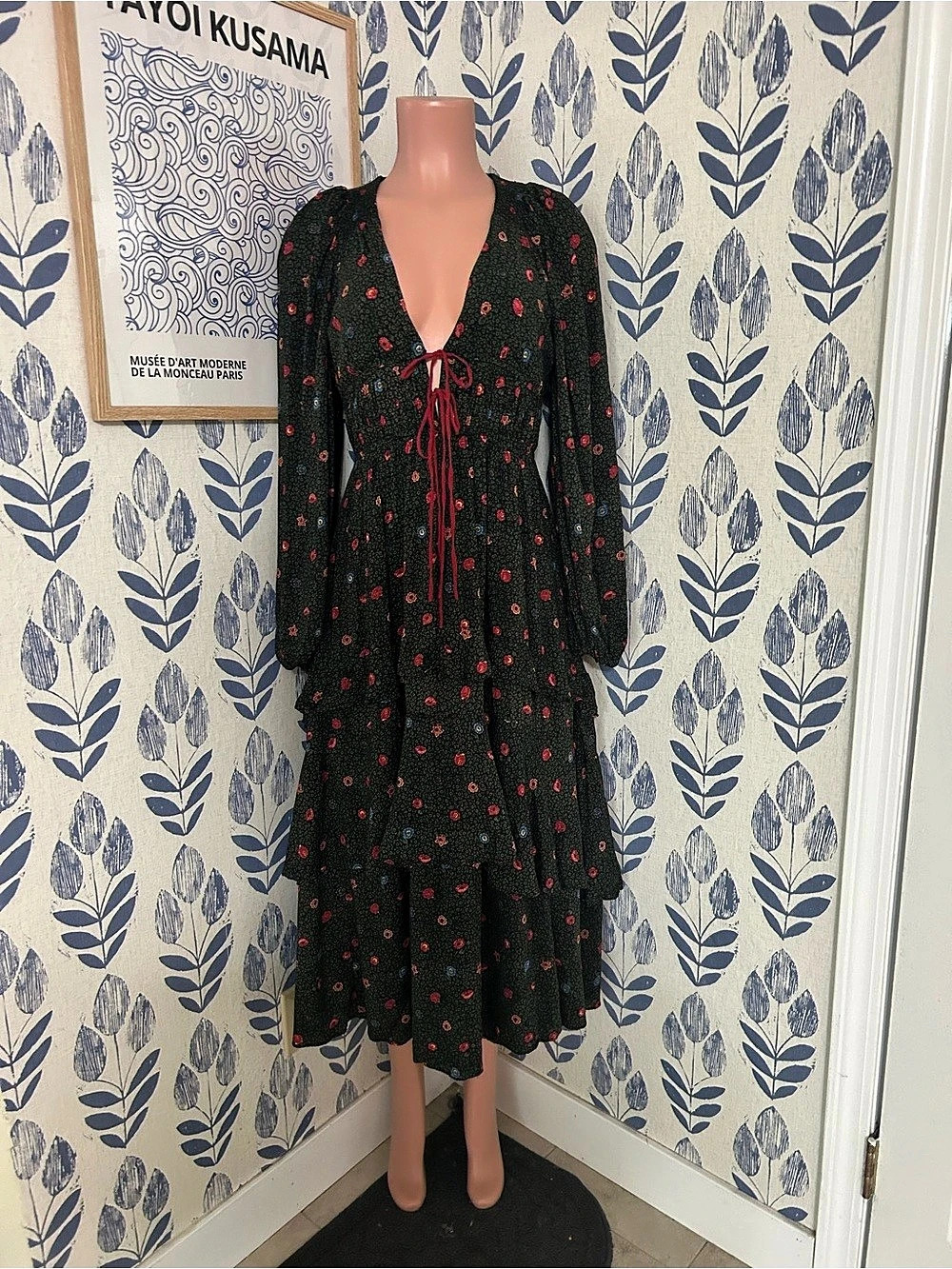 Free People Boho Floral Tie-Front Tired Midi Dress in Black & Red